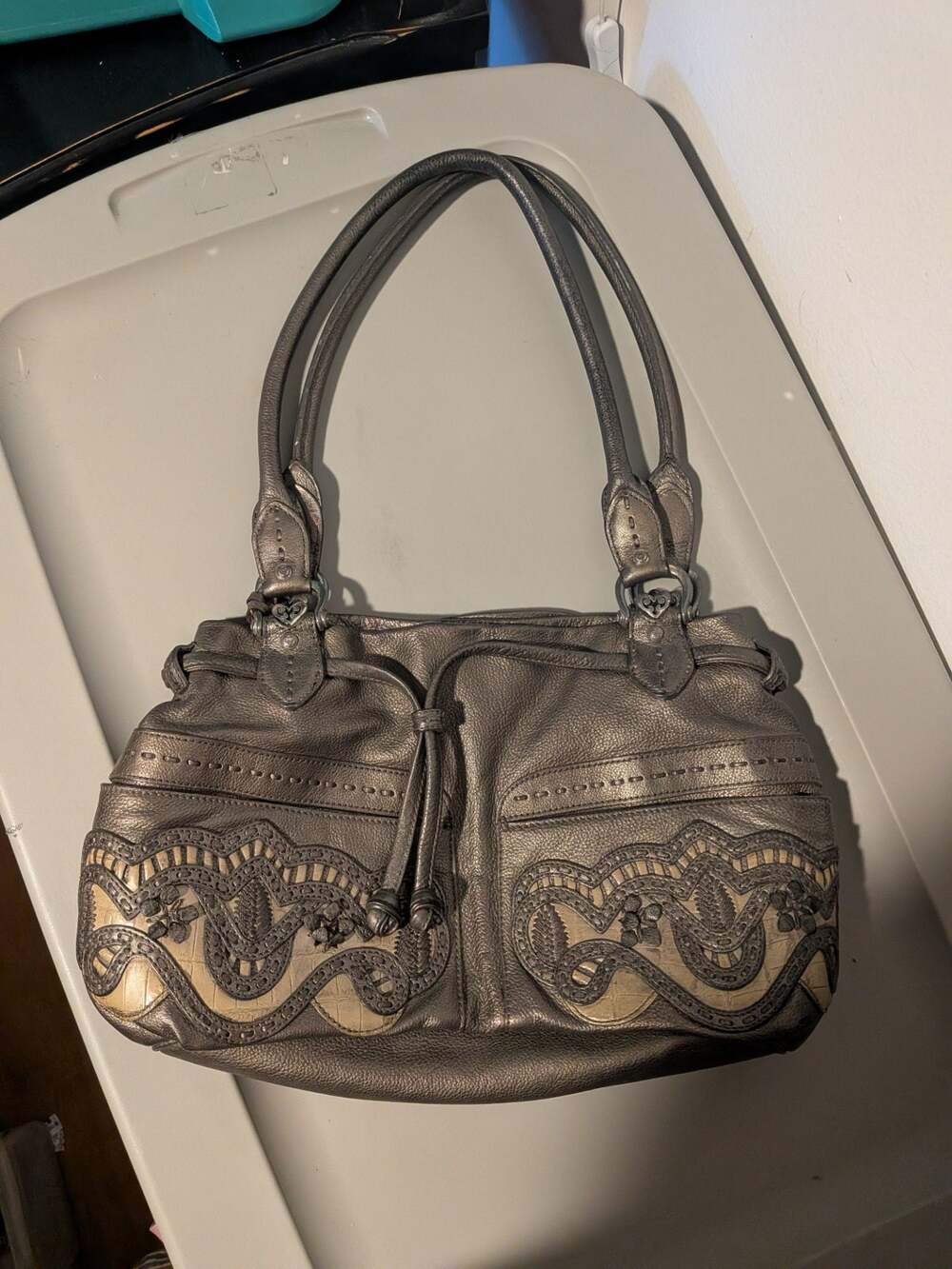 Brighton Lolita Masterpiece Metallic Pewter Leather Shoulder Handbag with Cutout